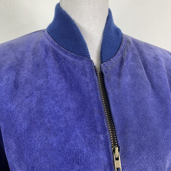 Vintage Bomber Jacket Size Medium Greg Bell Faux Suede Shoulder Pads Blue - Picture 3 of 11